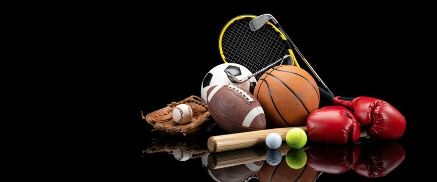Sports equipment collection including basketball football baseball glove tennis racket golf club boxing gloves and balls on black background flat vector illustration