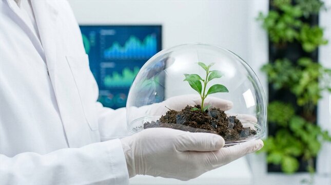 Agronomist holding glass dome with seedling in modern laboratory for sustainable agricultural research
