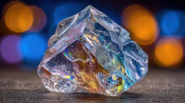 Close-up of a rough opal gemstone with vibrant kaleidoscopic play-of-color, showcasing its natural beauty