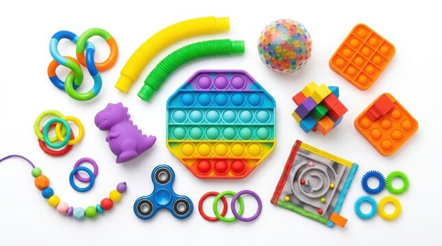 Flat lay assortment of colorful sensory fidget toys and stress relief gadgets with colorful relaxation development educational collection silicone concentration creative childhood stimming