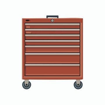 A red metal tool chest with multiple drawers stands against a plain white background.