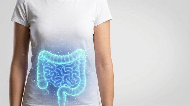 Woman with glowing blue holographic projection of human digestive system highlighting gut health and intestinal flora