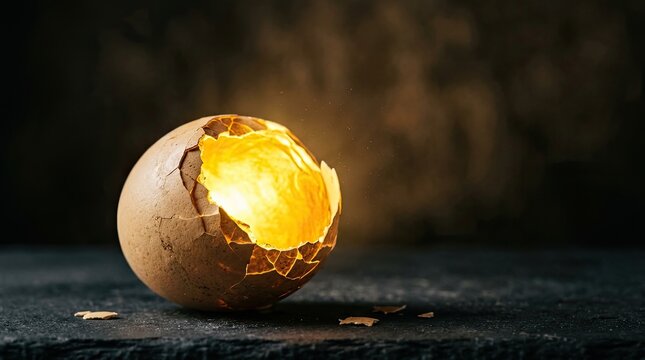 A cracked egg glows with an intense orange light. The shell is broken, revealing the yolk within.