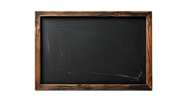 A rectangular chalkboard with a wooden frame displays faint white chalk marks on its dark surface. isolated on white background