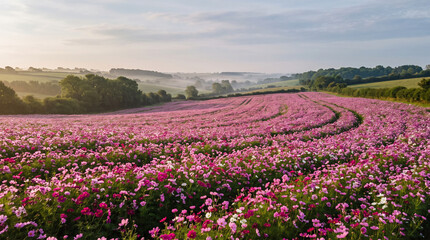 Fototapeta premium Stunning panoramic view of a vibrant pink flower field blooming peacefully during a misty early morning sunrise landscape