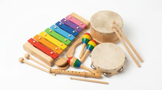 Set of colourful wooden musical instruments for children with wooden toy kids toys xylophone tambourine education development learning childhood creative performance preschool percussion