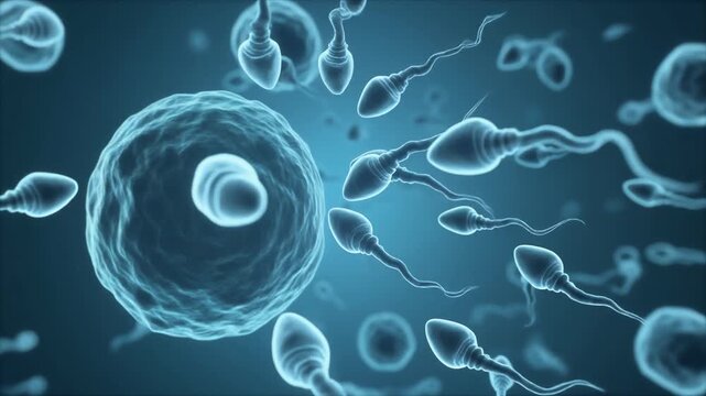 Scientific visualization of sperm cells moving toward an egg cell in a microscopic environment. Suitable for fertility research, reproductive biology, medical education, and healthcare content.