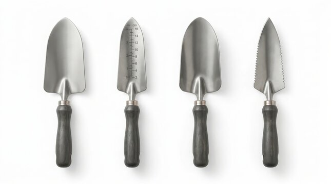 Four different types of metal garden trowels with wooden handles for gardening planting equipment cultivation agriculture outdoors supplies collection maintenance landscaping