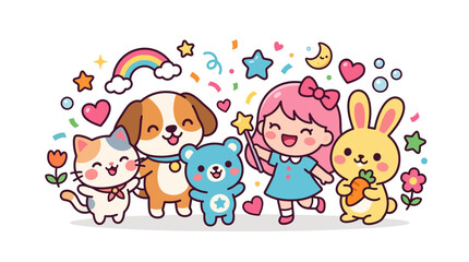 Fototapeta premium Cute Cartoon Friends: Girl, Dog, Cat, Rabbit, Bear, Rainbow