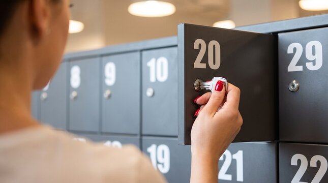 Woman opening a black metal storage locker with a key in a modern interior setting for personal belongings storage