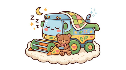Cute Combine Harvester Sleeping with Teddy Bear on Cloud