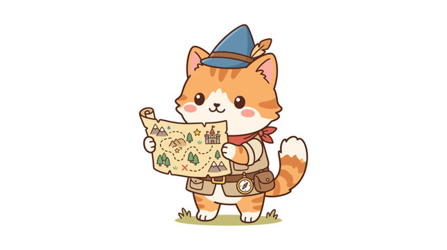 Cute Cat Explorer with Treasure Map
