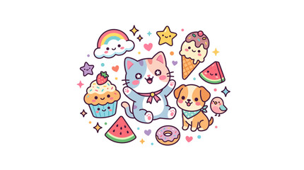 Fototapeta premium Cute Kawaii Animals and Sweets: Cat, Dog, Cupcake, Ice Cream, Donut