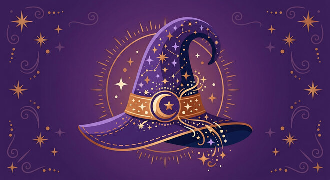 Purple wizard hat with golden moon and stars in celestial space theme