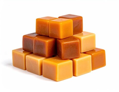 Stacked square chewy caramel candy cubes on white.