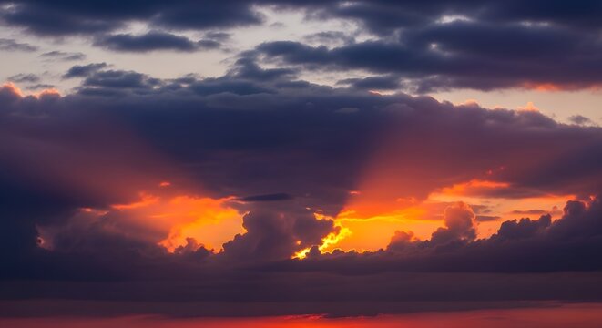 Dramatic Sunset Sky with Fiery Clouds and Sunbeams.