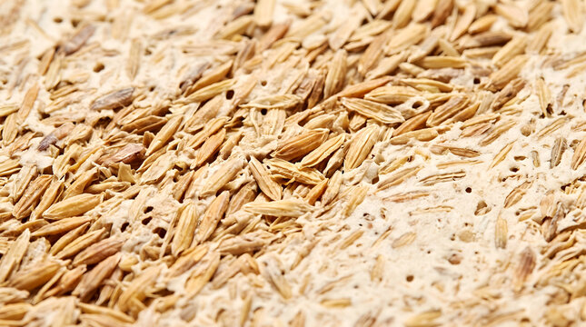 Dried brown grains embedded in cream colored base for organic food ingredient background.