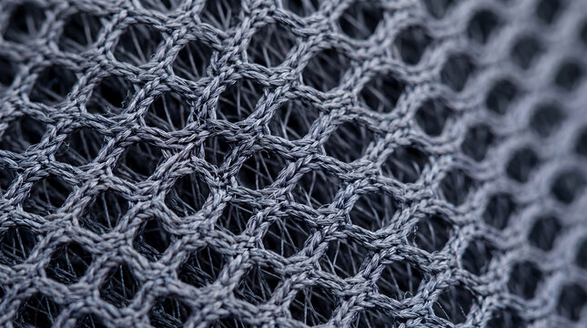 Detailed macro shot of grey woven mesh fabric with hexagonal pattern texture.