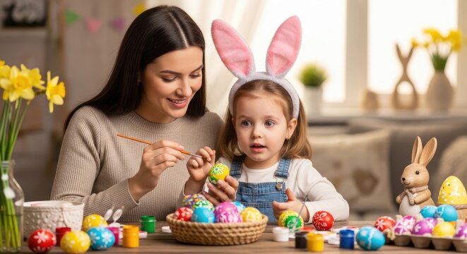 A woman and a child painting Easter eggs in a cozy, well-lit room with a window and a vase of yellow flowers.