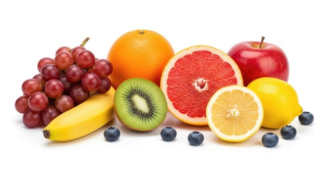 A vibrant assortment of fresh fruits sits on a white surface.