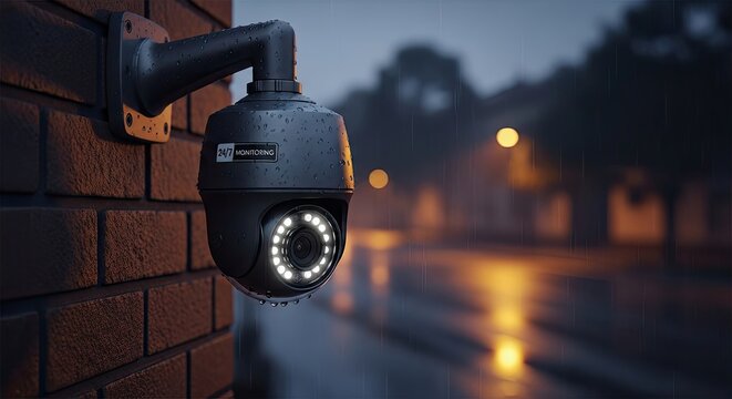 A security camera is mounted on a brick wall during a rainy night. The camera is facing a wet street with blurred city lights in the background.