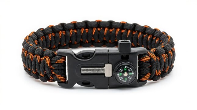 Black and orange paracord survival bracelet with integrated compass and buckle multi purpose survival paracord bracelet emergency tactical adventure navigation accessory wristband equipment
