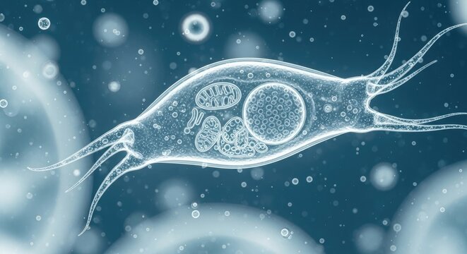 A stylized illustration depicts a single-celled organism, a choanoflagellate, suspended within a watery environment.