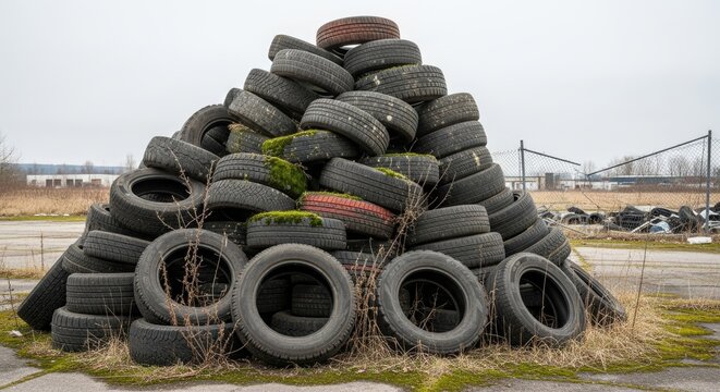 A large, precarious stack of discarded tires dominates the scene. The tires are piled haphazardly, creating a rough, unstable structure.
