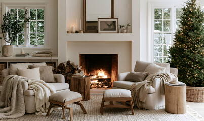 Obraz premium cozy winter retreat with a fireplace, pale walls, and understated decor, featuring comfortable armchairs with soft textiles, a wood pile, and a Christmas tree