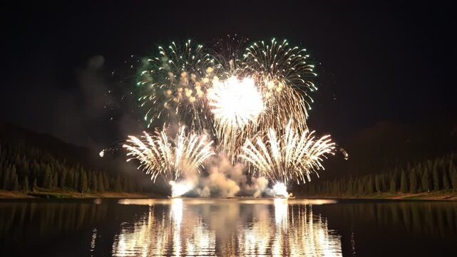 Colorful fireworks display over water at night with reflections