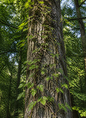 Fototapeta premium Delicate vines winding up the trunk of a tall oak tree, detailed bark and leaves.
