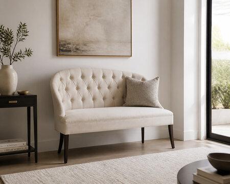 Single upholstered banquette with a curved back in a modern minimalist living room.