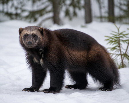 A wolverine standing alert in a snowy forest clearing, its dark fur contrasting with white snow.