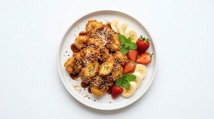 Fototapeta premium Top Down Flat Lay Crispy Indonesian Pisang Goreng Banana Fritters Golden Crunchy Palm Sugar Syrup