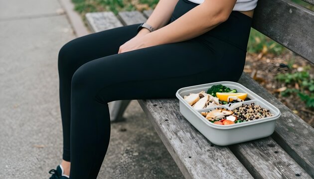 A woman sits on a bench, enjoying a healthy lunch from a lunch box filled with organic foods and whole grains