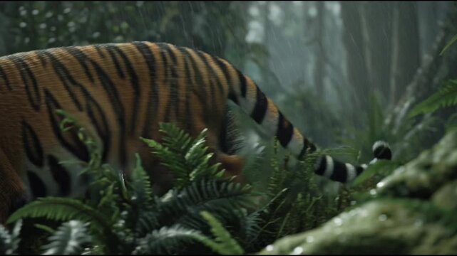 Bengal tiger prowling through a lush rainforest during a rainstorm