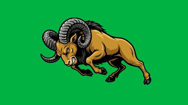 Illustration of a charging ram with large horns on a solid green background, dynamic motion