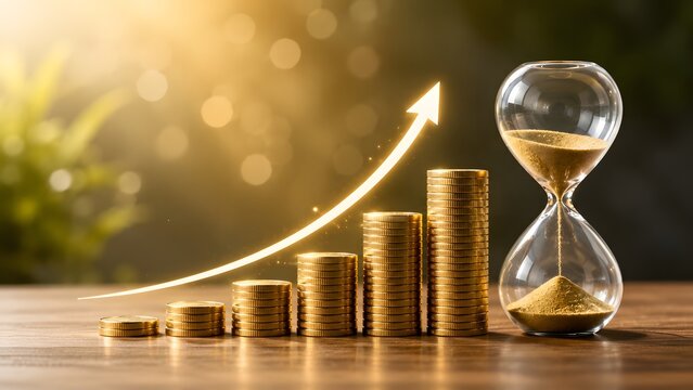 Gold coin stack glowing upward arrow and hourglass on wooden table. Concept of compound interest accumulation, long term investment, and financial business success.