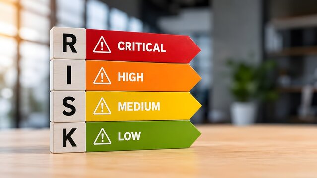 Wooden risk blocks stacked beside colored warning level signs on table. Concept of corporate risk assessment, project management evaluation, and business hazard compliance.