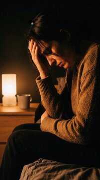Woman With Head In Hand Feeling Sadness And Depression At Night