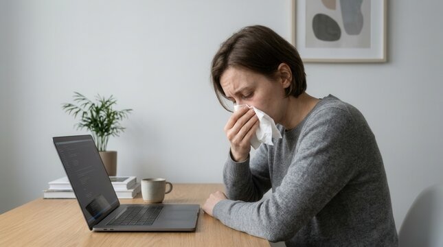 Woman Working From Home While Feeling Unwell With Cold Symptoms