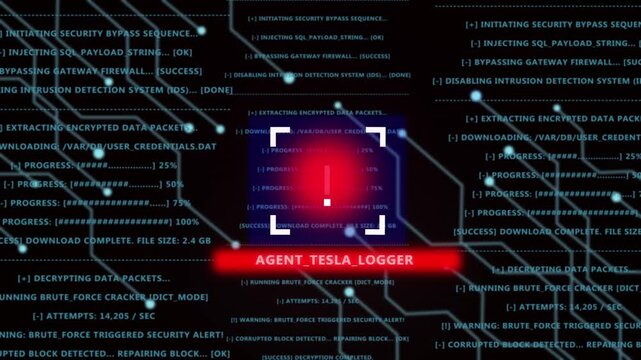 Advanced cyber security alert featuring agent tesla logger malware detection and digital data breach warning system with complex network circuitry background, for information technology projects