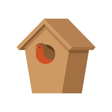 Wooden birdhouse with cute little robin peeking out from circular opening