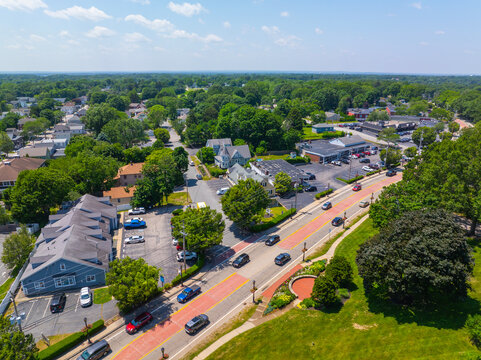 Historic commercial building aerial view on County Road in Barrington Civic Center Historic District in town of Barrington, Rhode Island RI, USA. 
