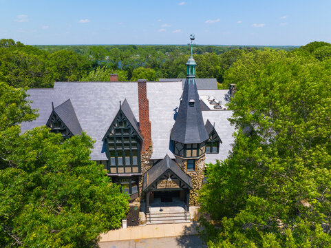 Barrington Town Hall aerial view at 283 County Road in Barrington Civic Center Historic District in town of Barrington, Rhode Island RI, USA. 