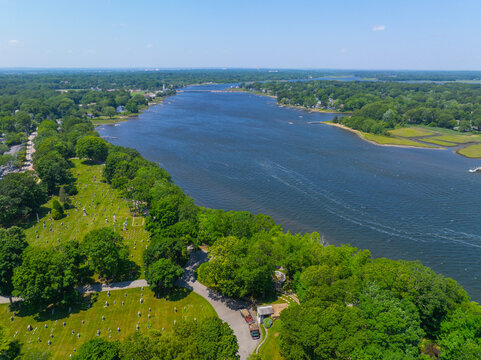 Barrington River aerial view in summer in town of Barrington, Rhode Island RI, USA. 