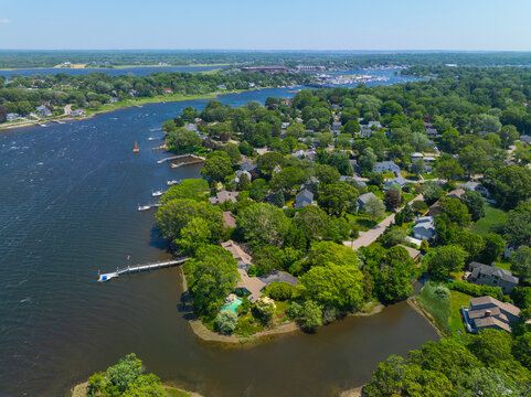 Historic waterfront building aerial view on Barrington River in historic town of Barrington, Rhode Island RI, USA. 