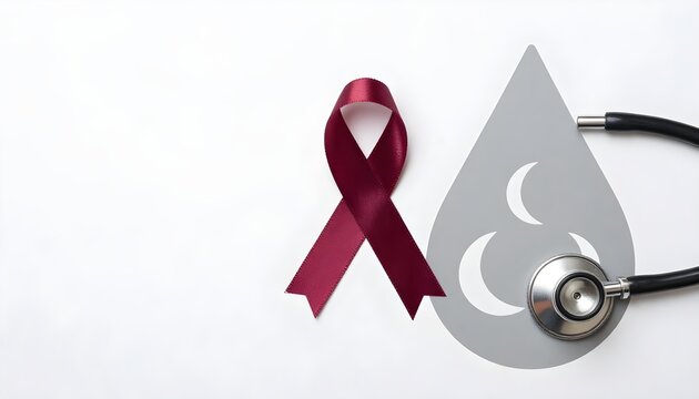 Stethoscope and red ribbon beside a blood drop, symbolizing sickle cell awareness and health support initiatives
