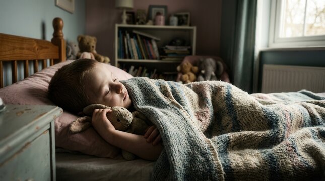 Young Child Sleeping Peacefully In Bed With Beloved Stuffed Animal Companion