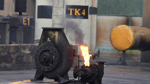 Industrial machine pump flame fire factory metal hazard with smoke during outdoor equipment test and maintenance training, burner test run shows hot gas jet near heavy machinery, risky incident